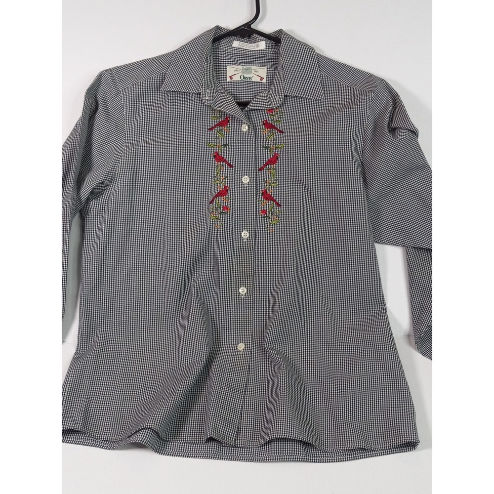 Vintage Orvis Womens Gingham Cardinal Embroidered Shirt Black White Size 8